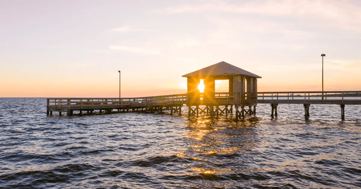 Sunset over a public pier on the Mississippi Gulf Coast